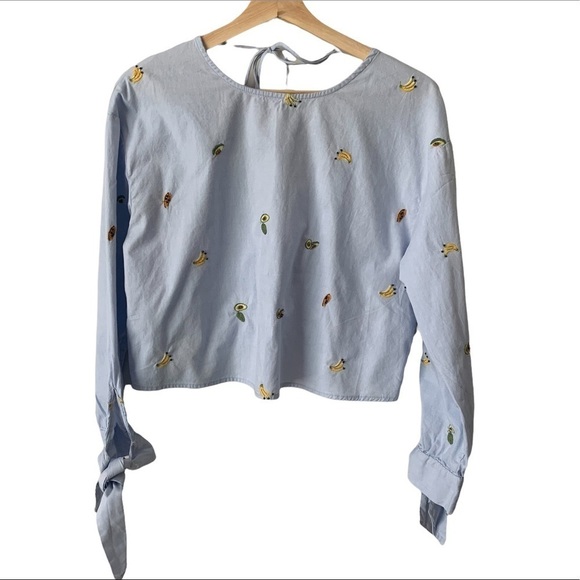 Zara Chambray Light Blue Open Back Embroidered Fruit Shirt Women’s Size Small - Picture 2 of 10